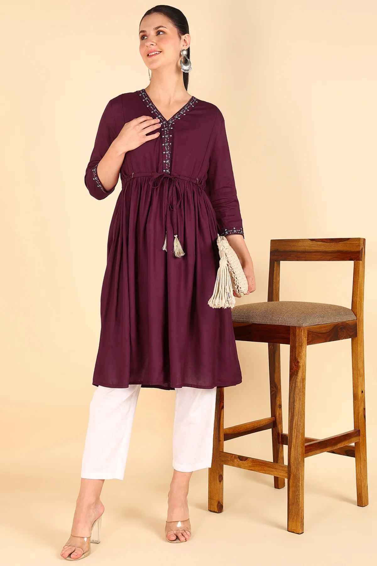 Wine Red Maternity Feeding Kurti - Image 6